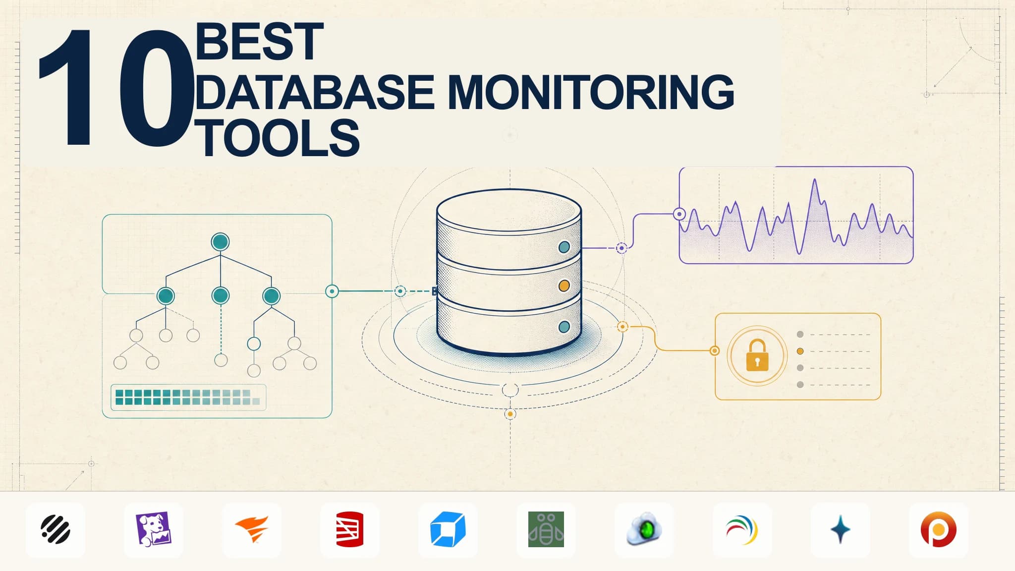 Ten database monitoring tools shown with database query, latency and security diagnostics