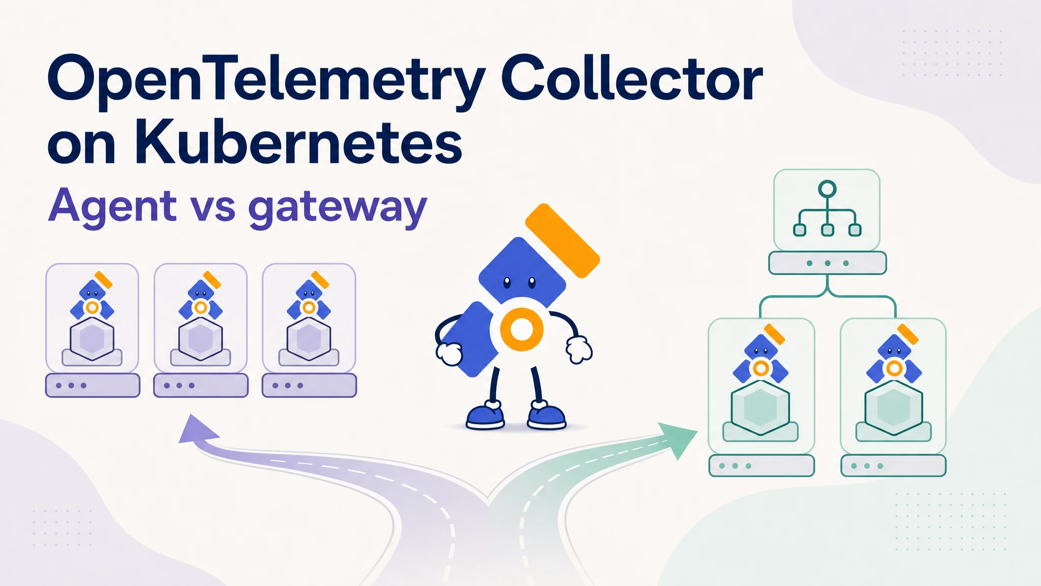 OpenTelemetry Collector agents on Kubernetes nodes sending telemetry to a shared gateway