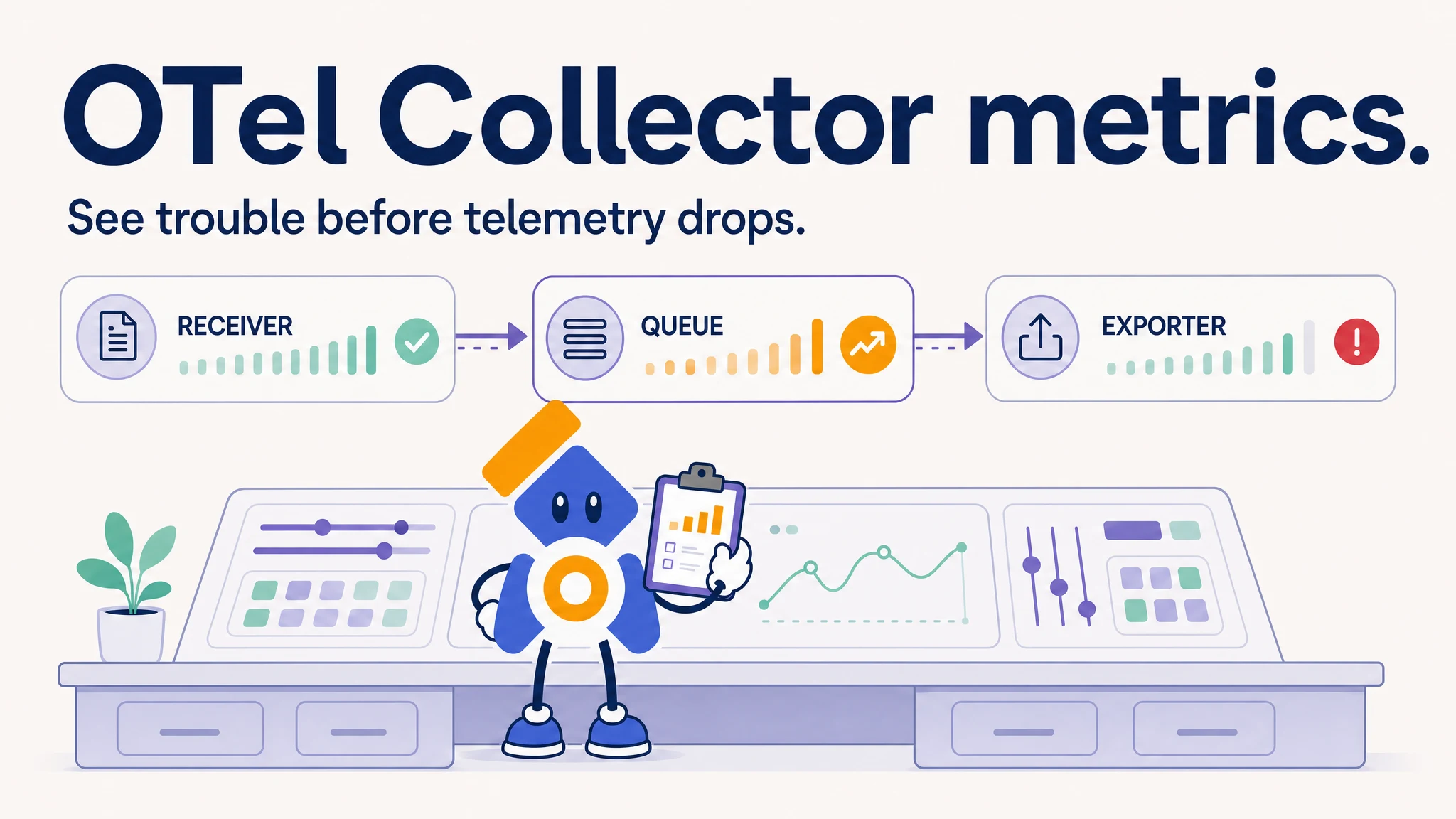 OpenTelemetry Collector mascot checking receiver, queue, exporter and process health signals