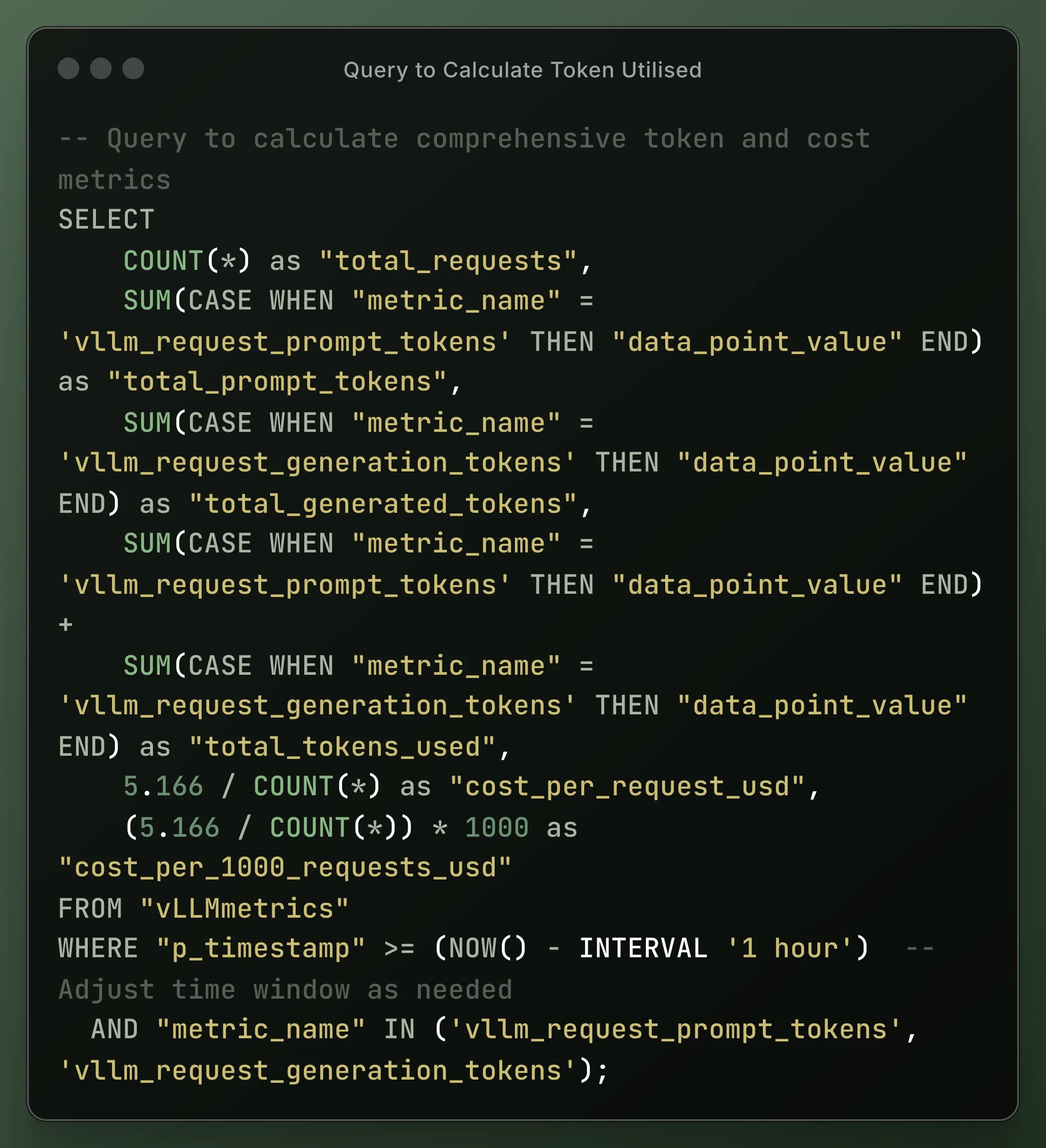 SQL query used in Parseable to calculate total tokens utilized during vLLM inference