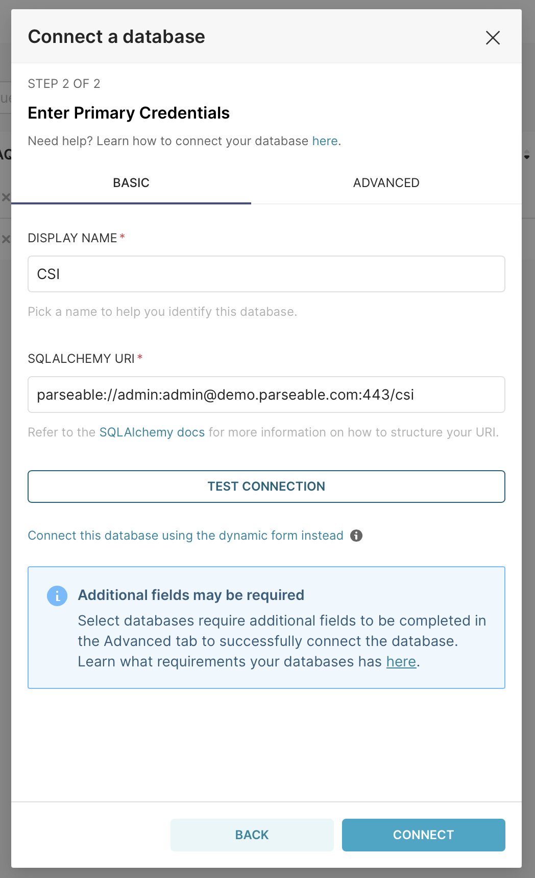 A screenshot of settings defining a database connection to Parseable in Superset