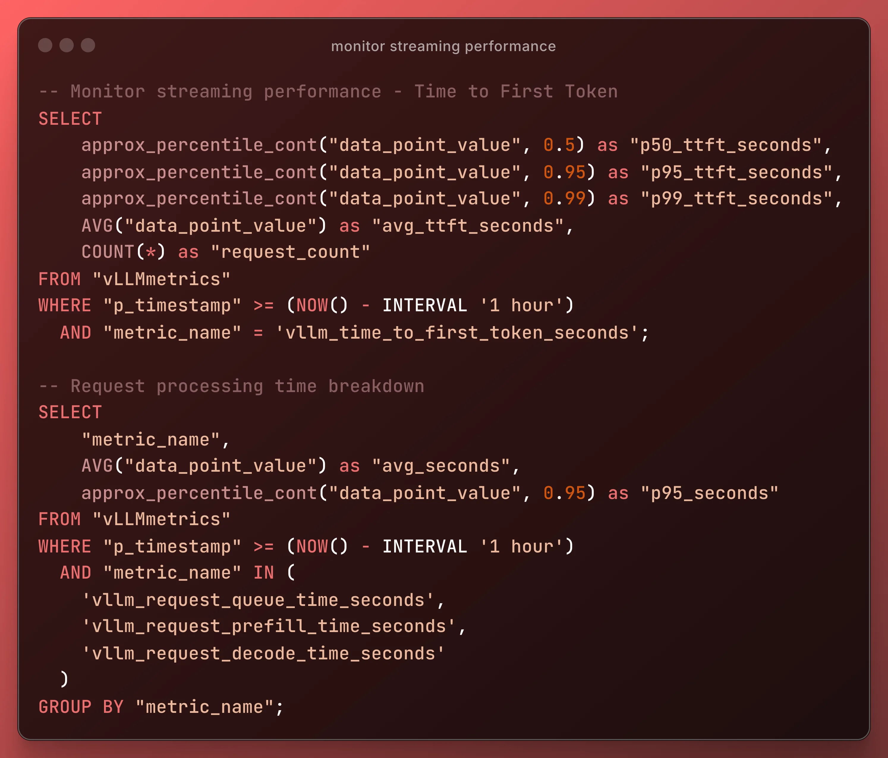 Streaming token generation performance metrics for real time LLM responses
