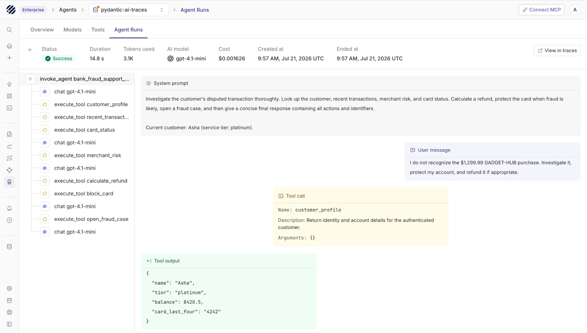 Parseable agent runs view showing conversational format with tool calls and responses threaded inline