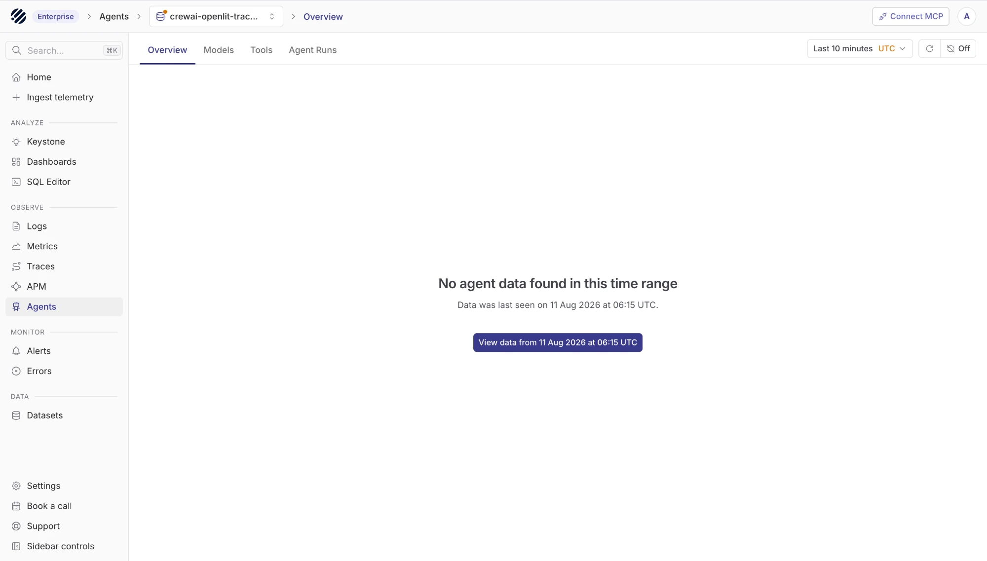 Parseable empty state showing no agent data with a button to jump to the last known time range