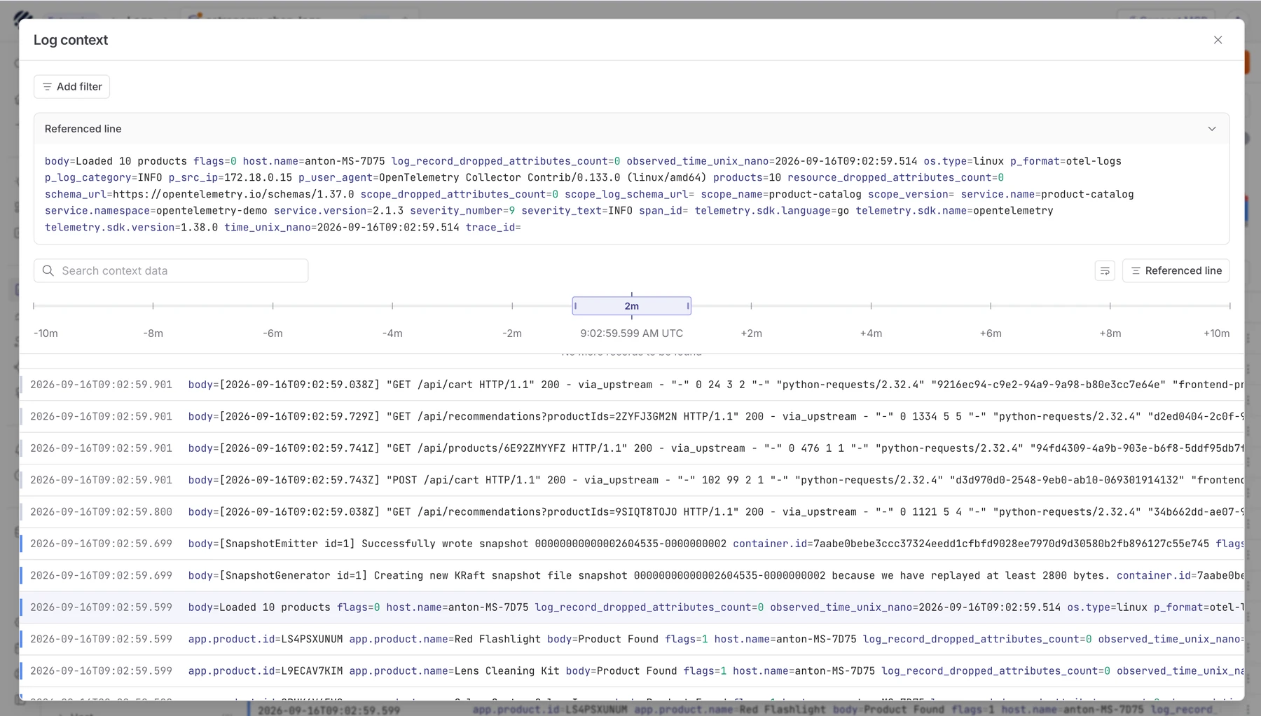 Parseable log context view showing a referenced log line and surrounding events
