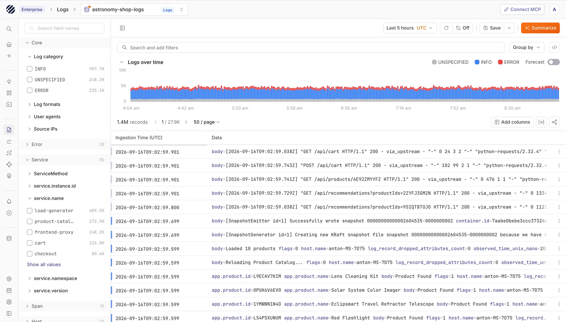 Parseable logs view showing structured events, log categories, and log volume over time