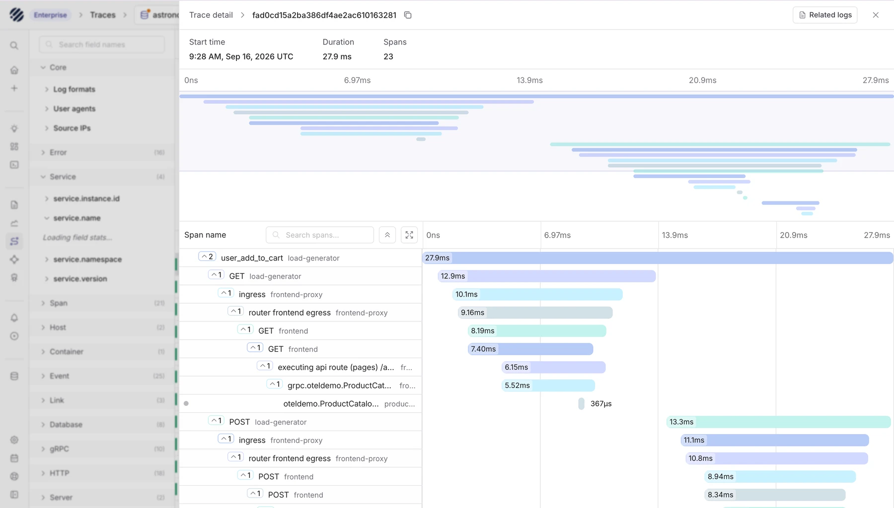 Parseable traces waterfall showing request spans and duration breakdown
