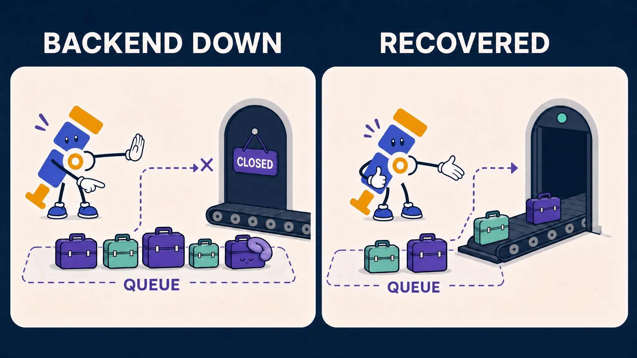An OpenTelemetry Collector queue holding telemetry during a backend outage and draining after recovery