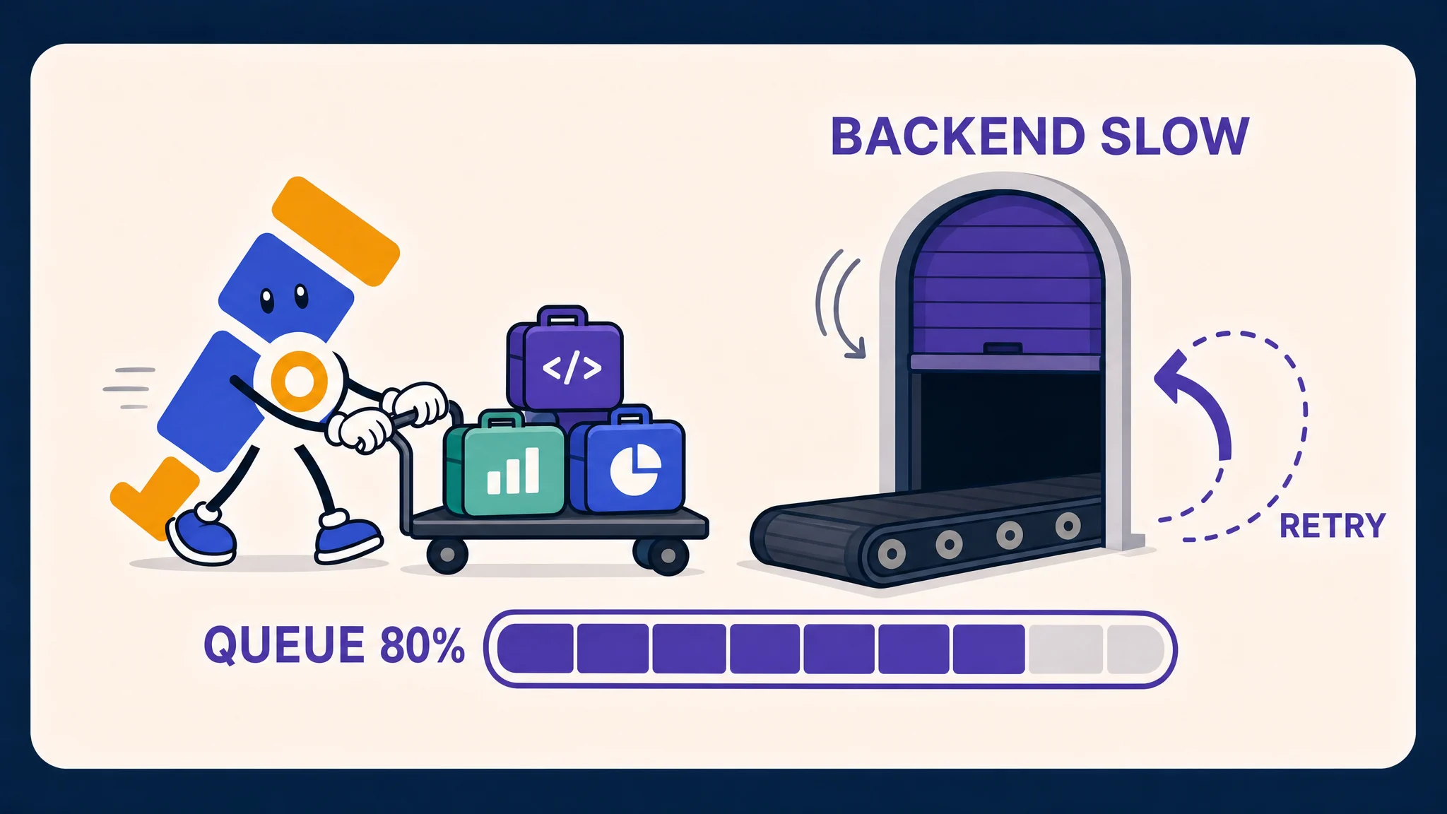 OpenTelemetry Collector mascot pushing telemetry toward a slow backend while the exporter queue reaches 80 percent and retries