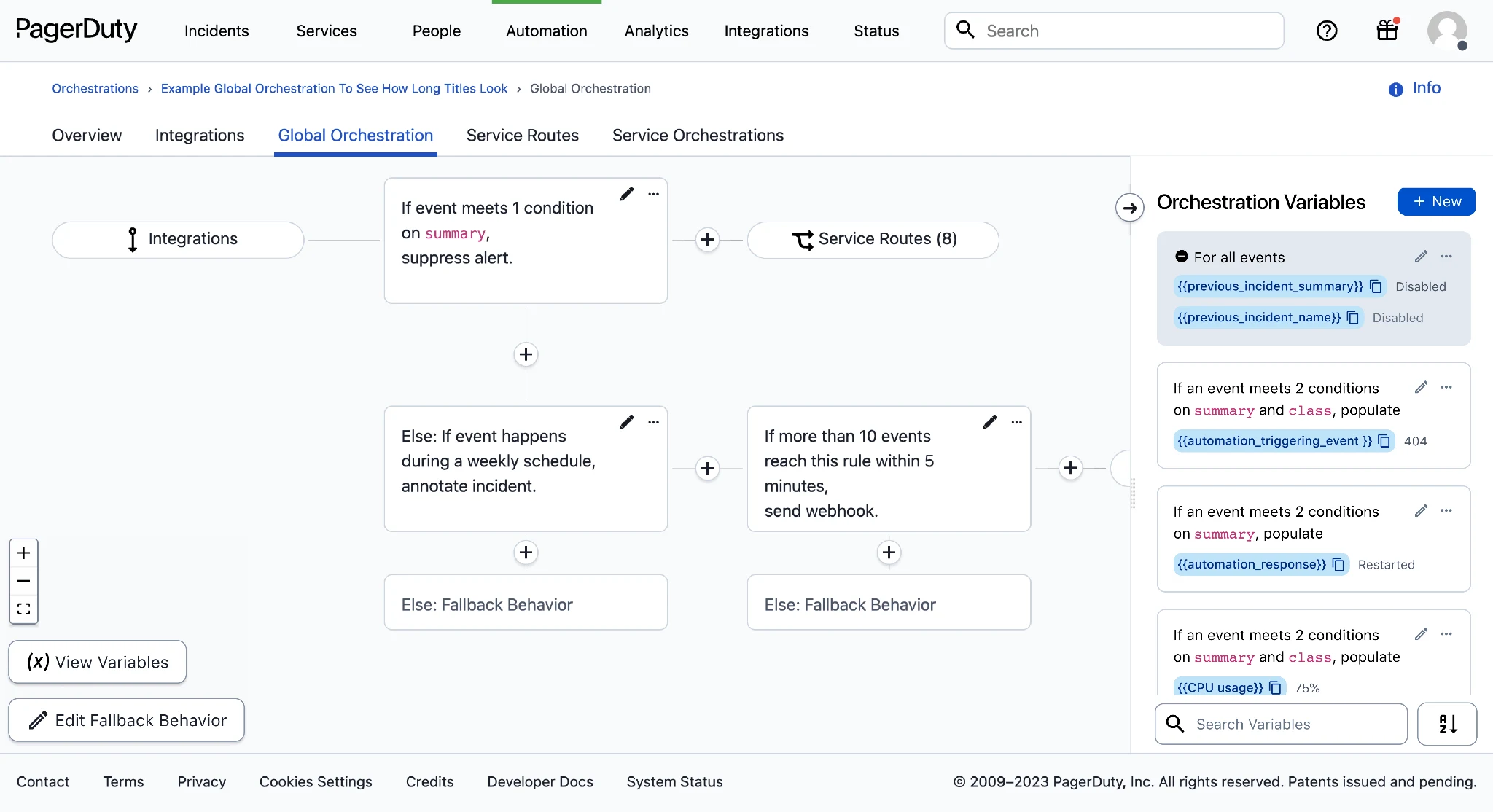 PagerDuty AIOps global event orchestration rules for suppressing, routing and automating alerts
