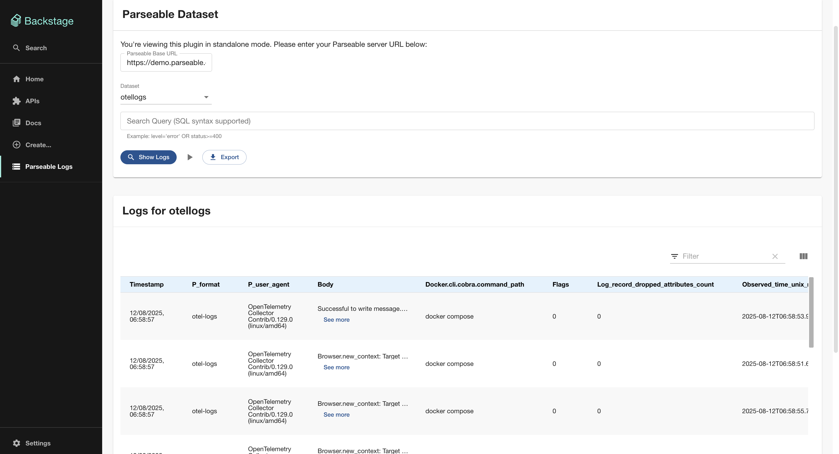 Parseable Dataset Plugin for Backstage