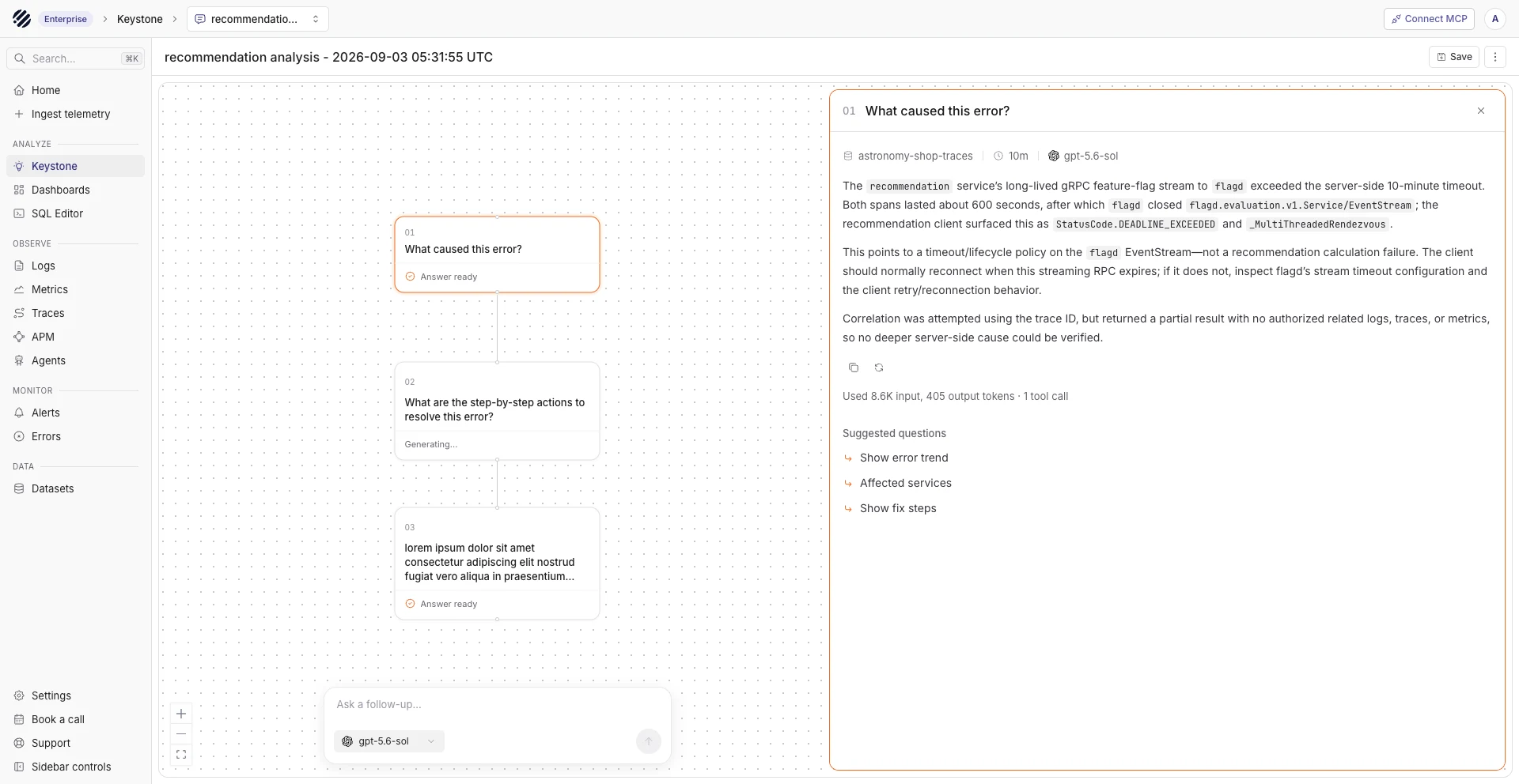 Parseable Keystone investigating a telemetry error with SQL-backed analysis and suggested follow-up questions