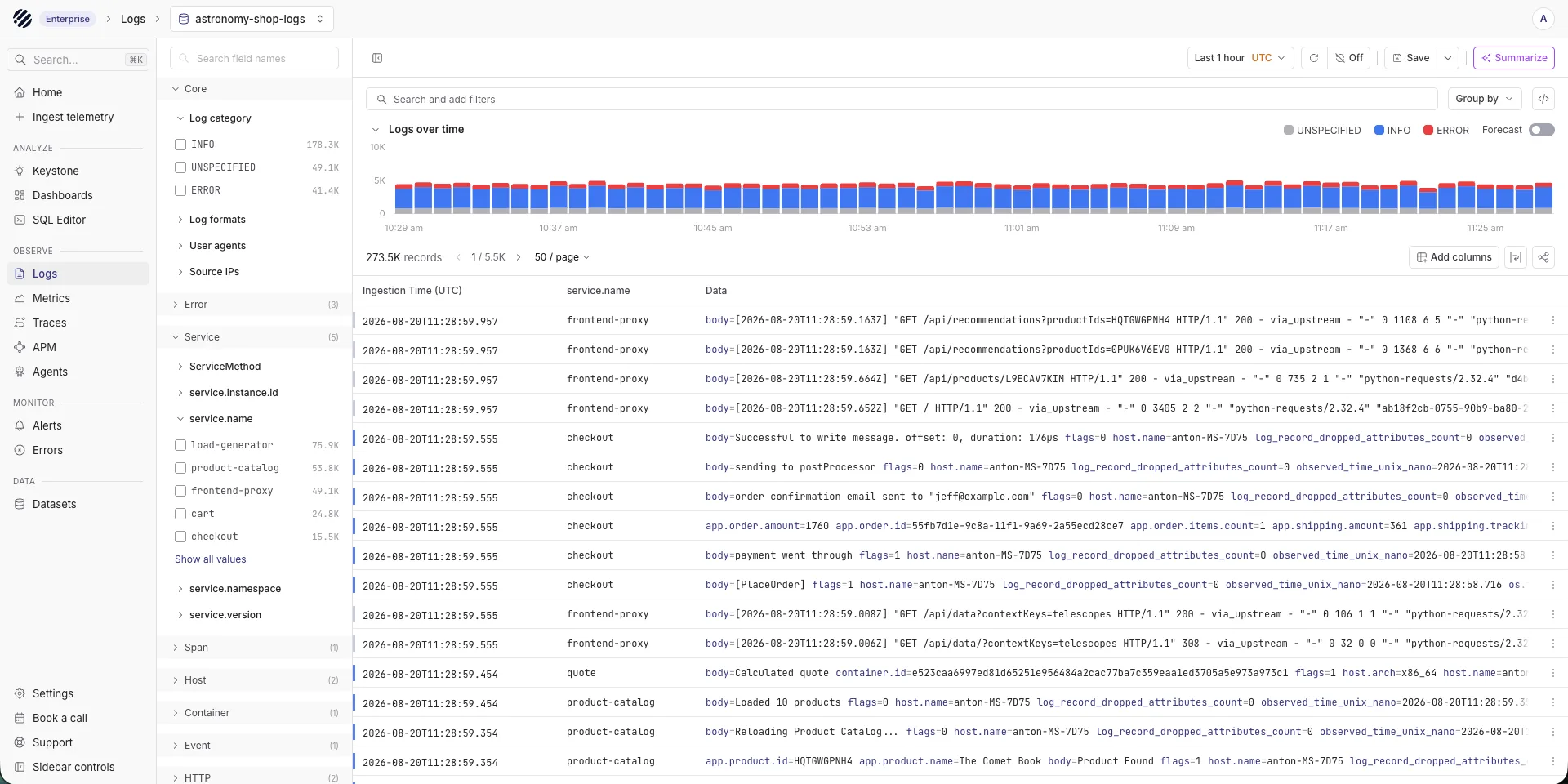 Parseable log monitoring platform explore page