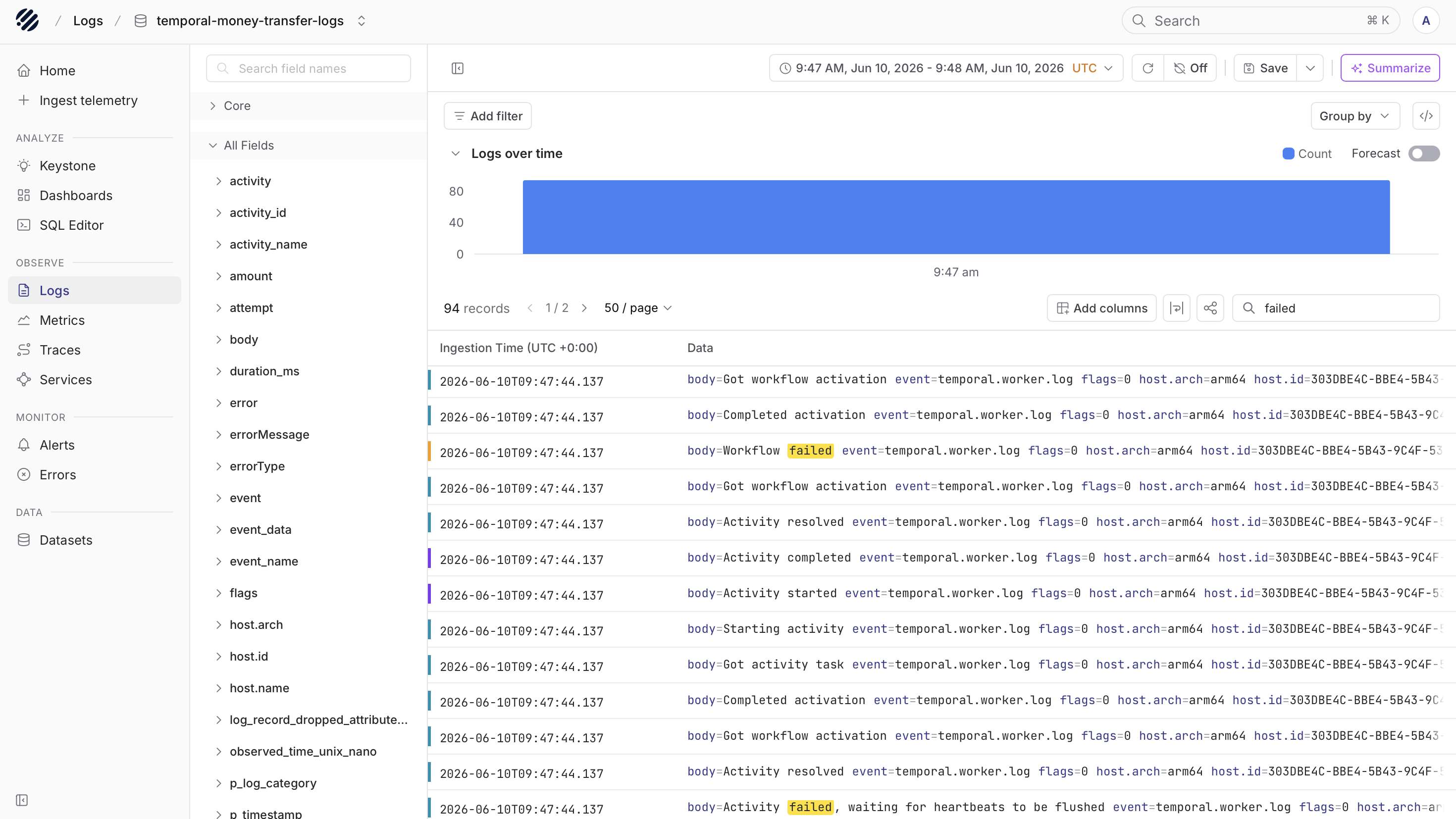 Temporal logs in Parseable