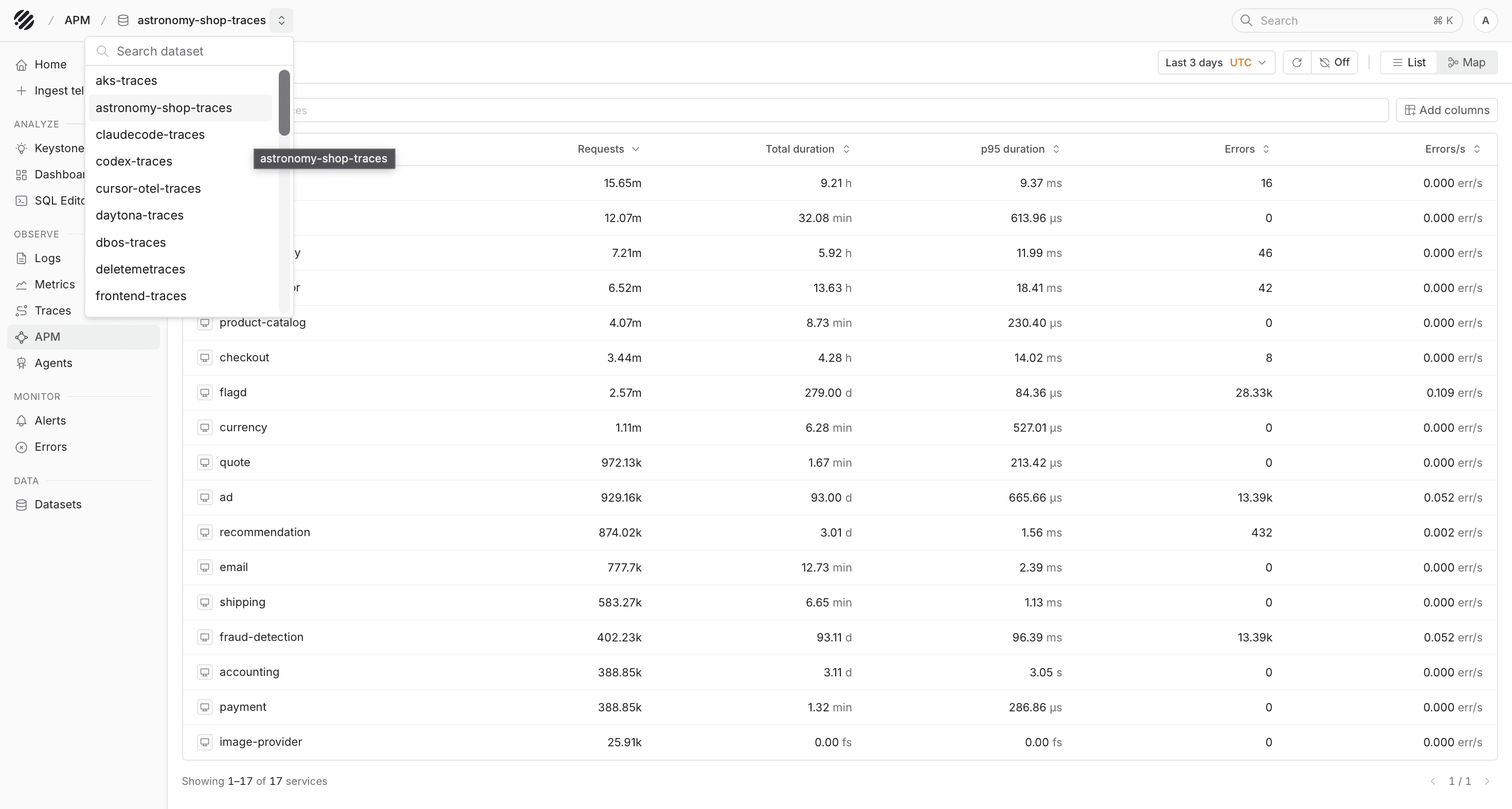 APM dataset selector showing available trace datasets