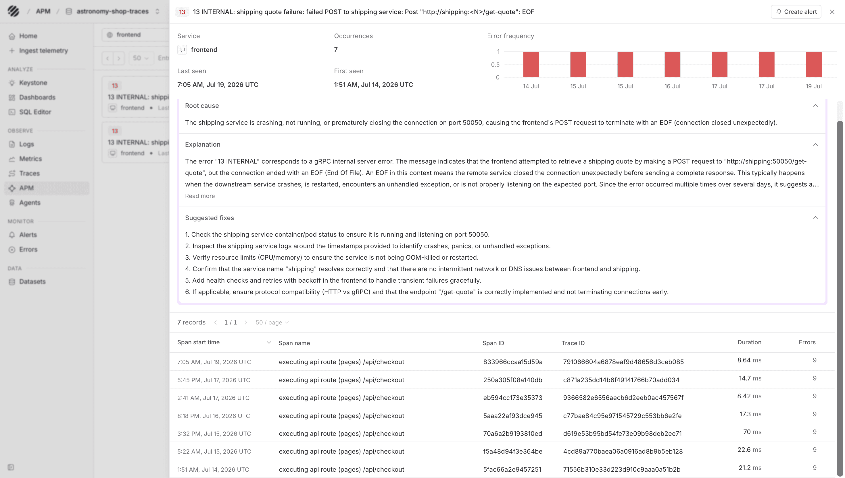 APM error detail view with occurrences, first seen, last seen, and AI summary