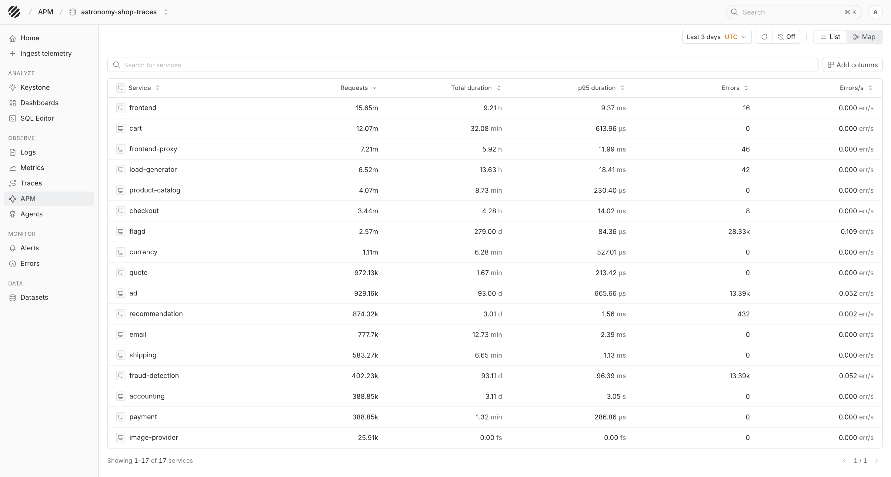 APM services list showing request, duration, and error columns