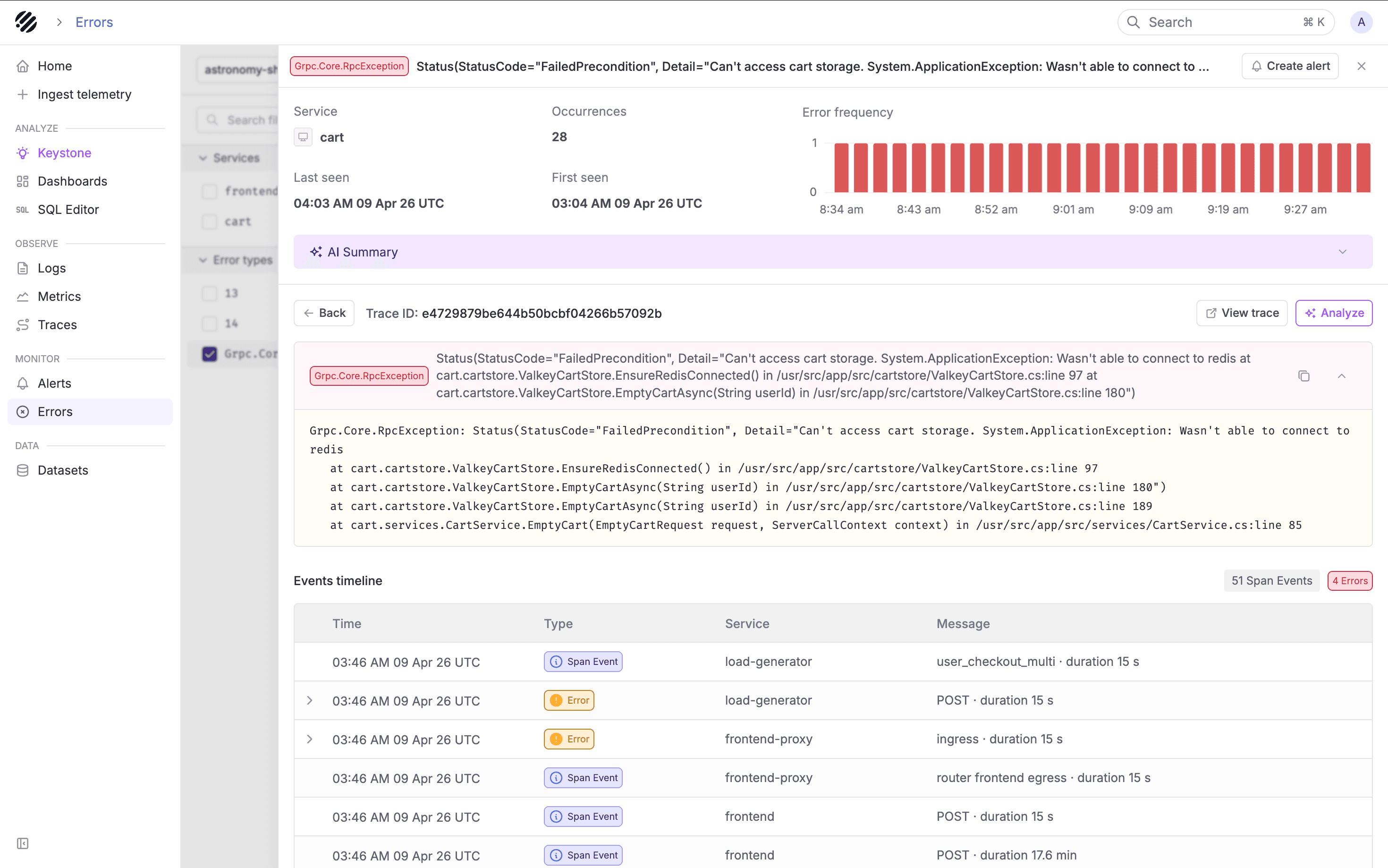 Error trace view with stack trace and events timeline