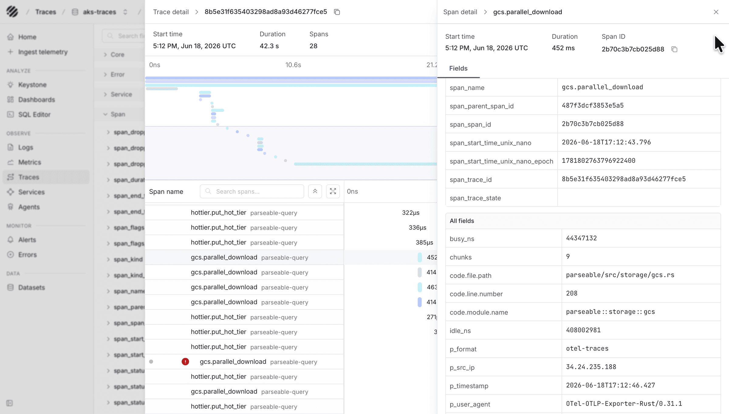 Span detail panel showing span fields and trace metadata