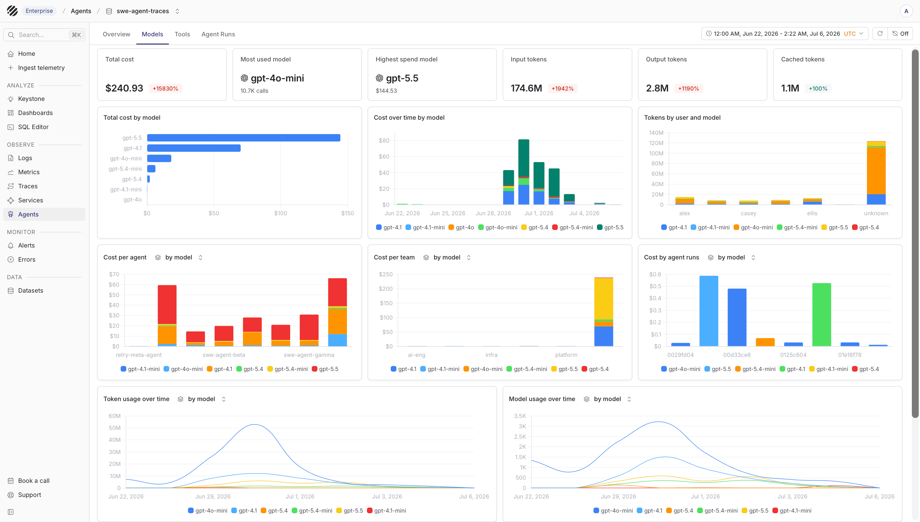Models tab showing cost, token usage, model usage, and model latency charts