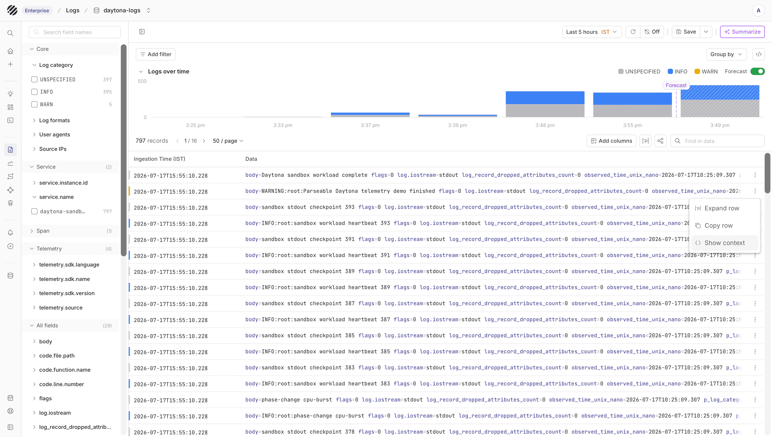 Daytona sandbox logs in Parseable