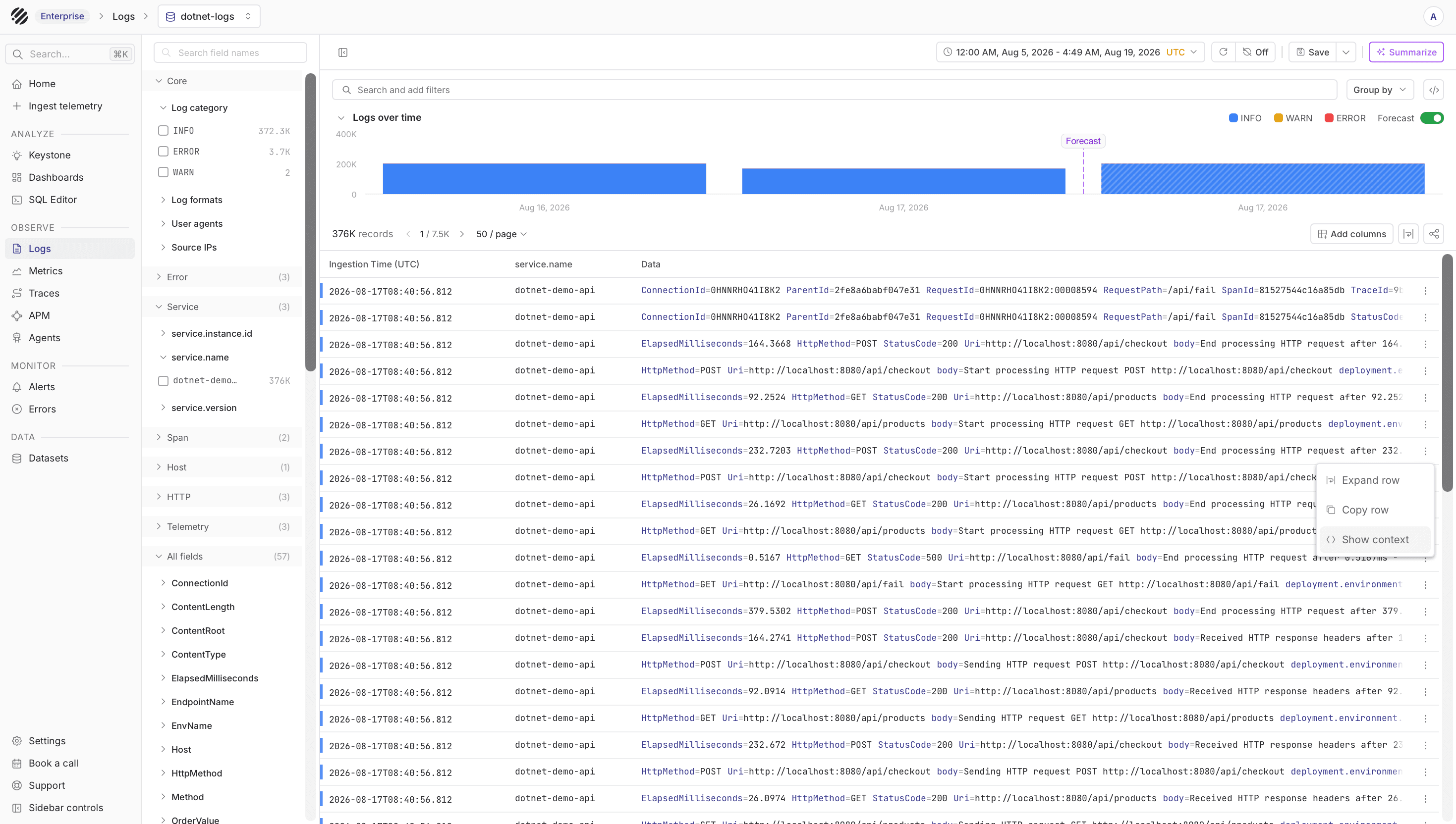 .NET logs in Parseable