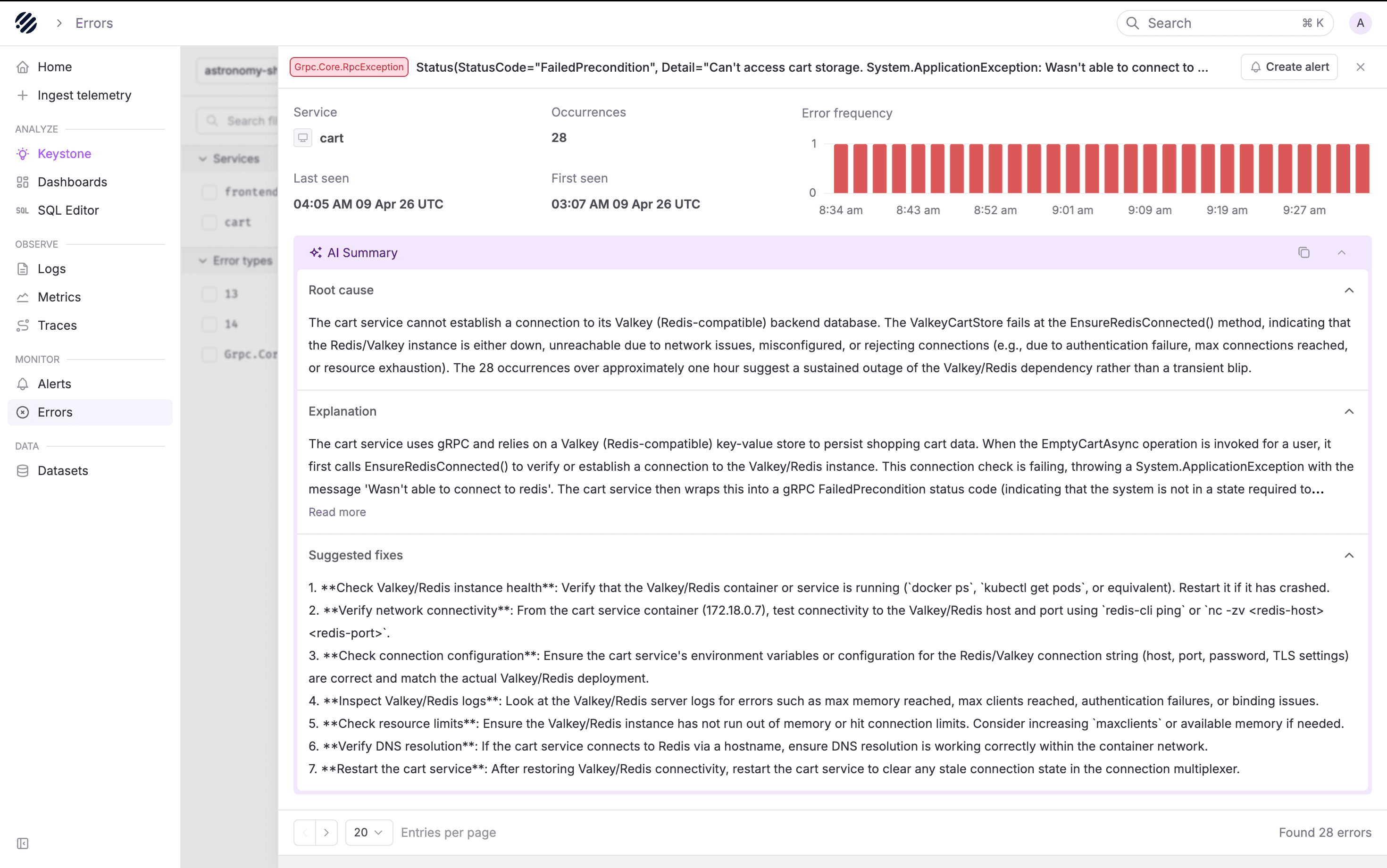 AI summary with root cause, explanation, and suggested fixes