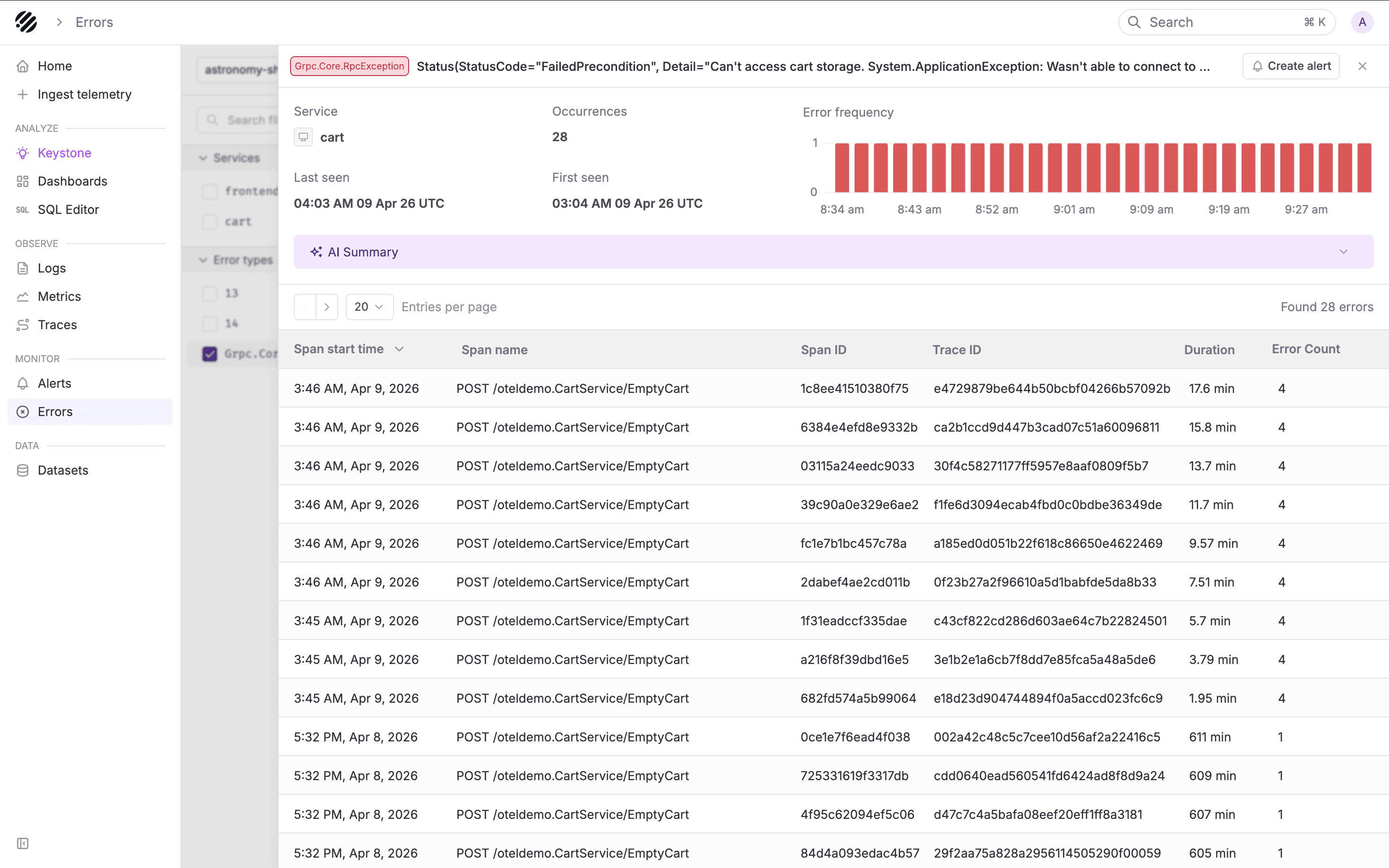 Error detail view with header chart and impacted spans table