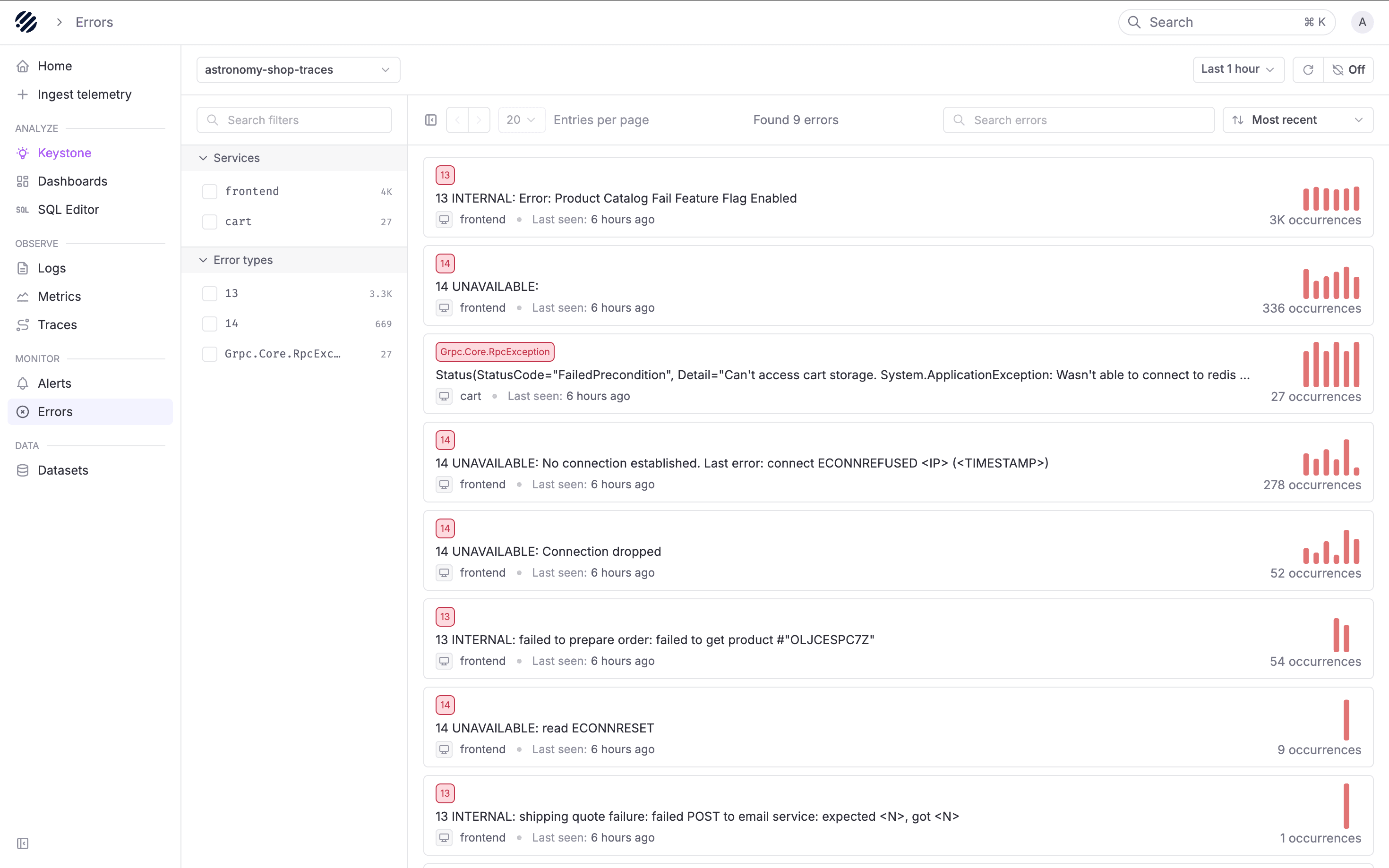 Errors page overview with grouped errors and faceted filters