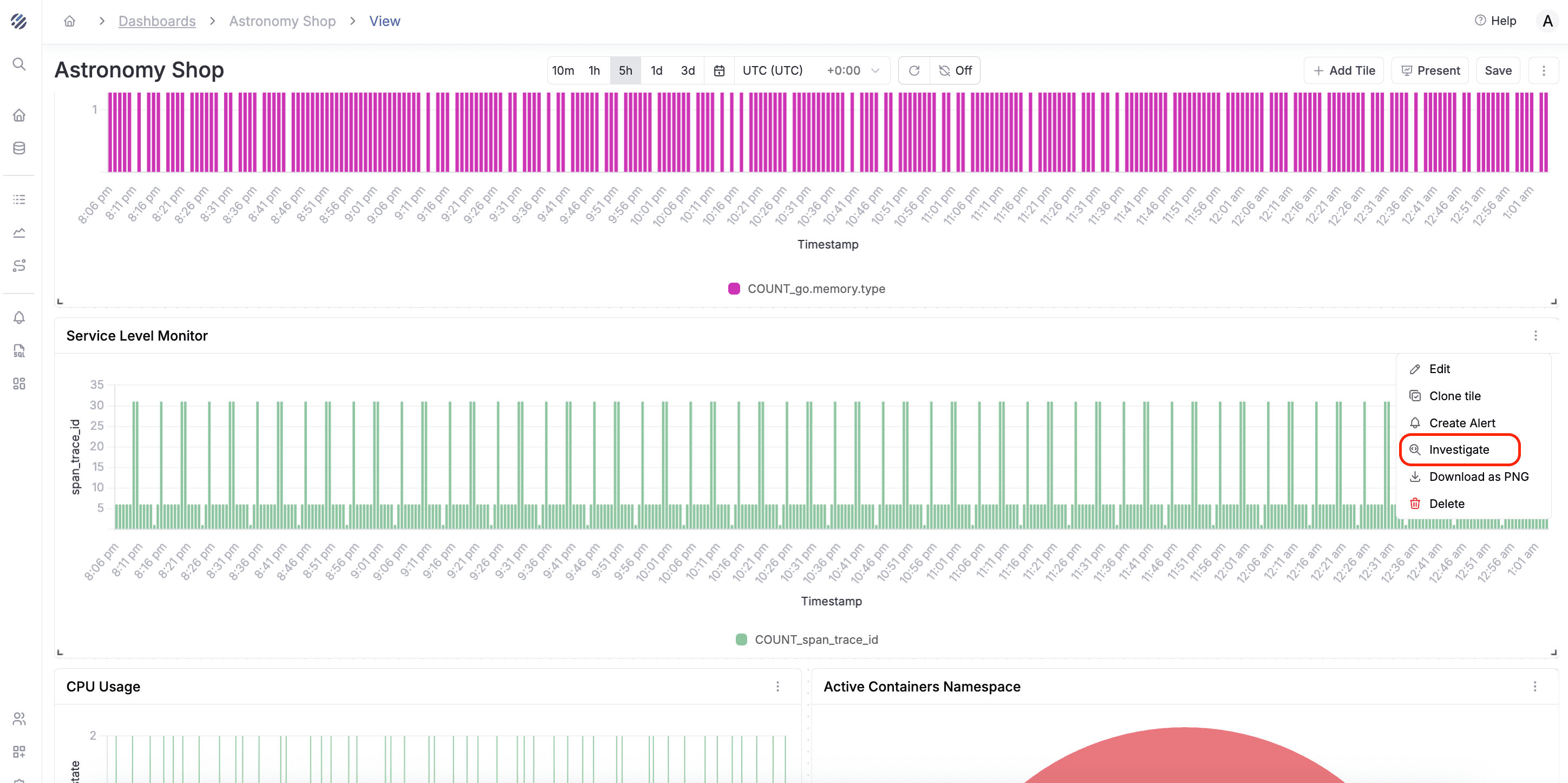 Investigate from Dashboard