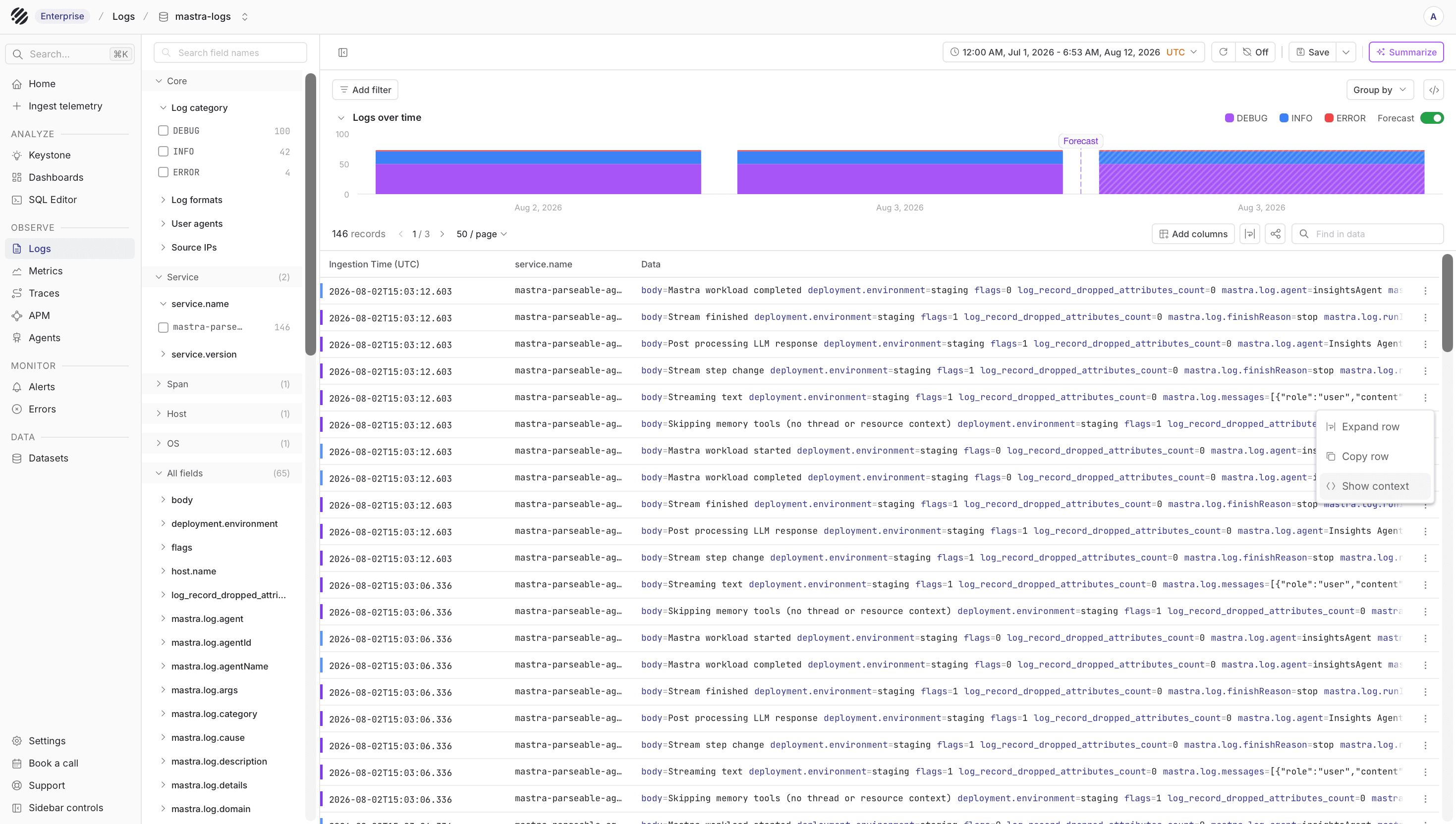 Mastra logs in Parseable