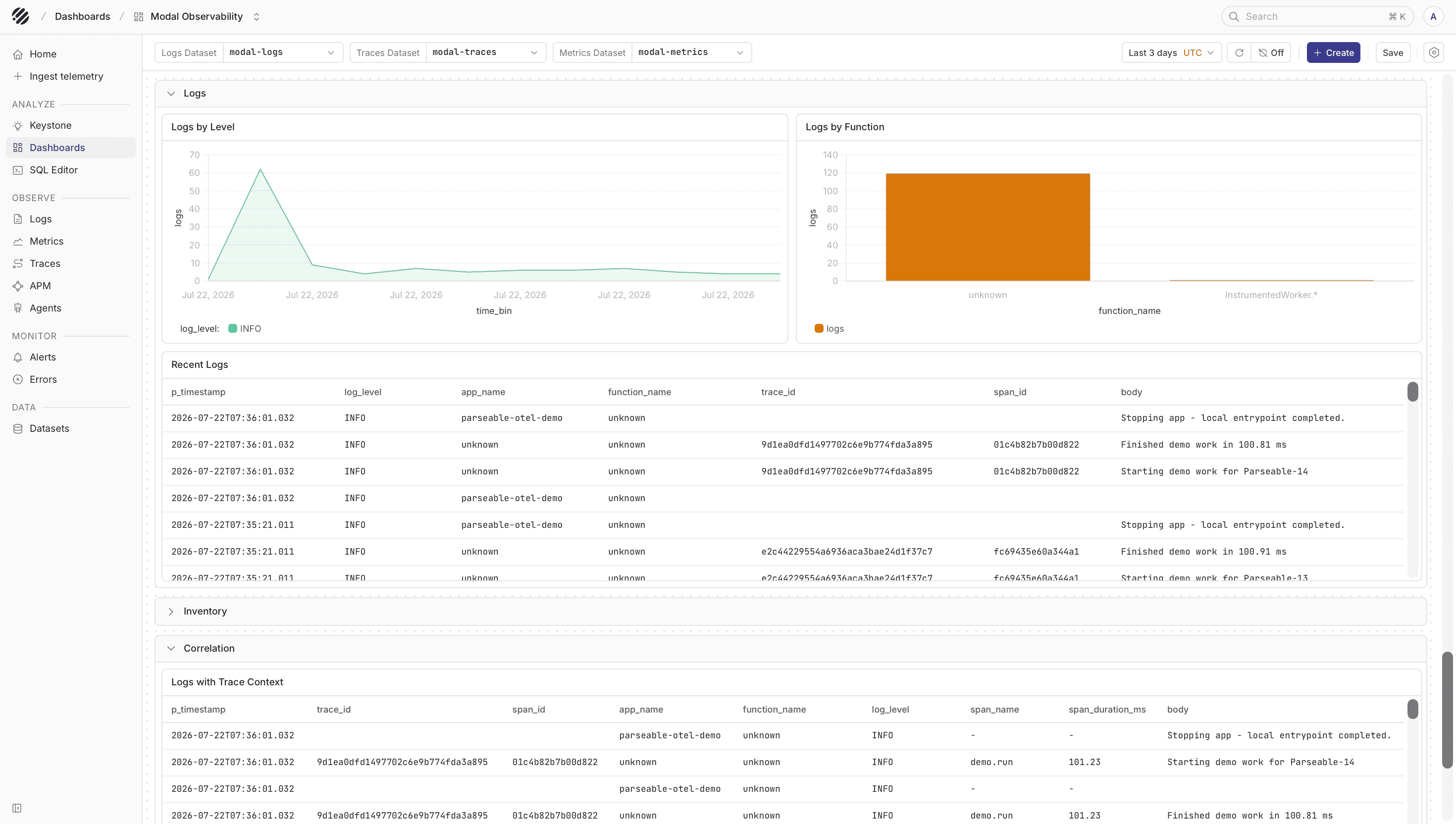 Modal logs in Parseable
