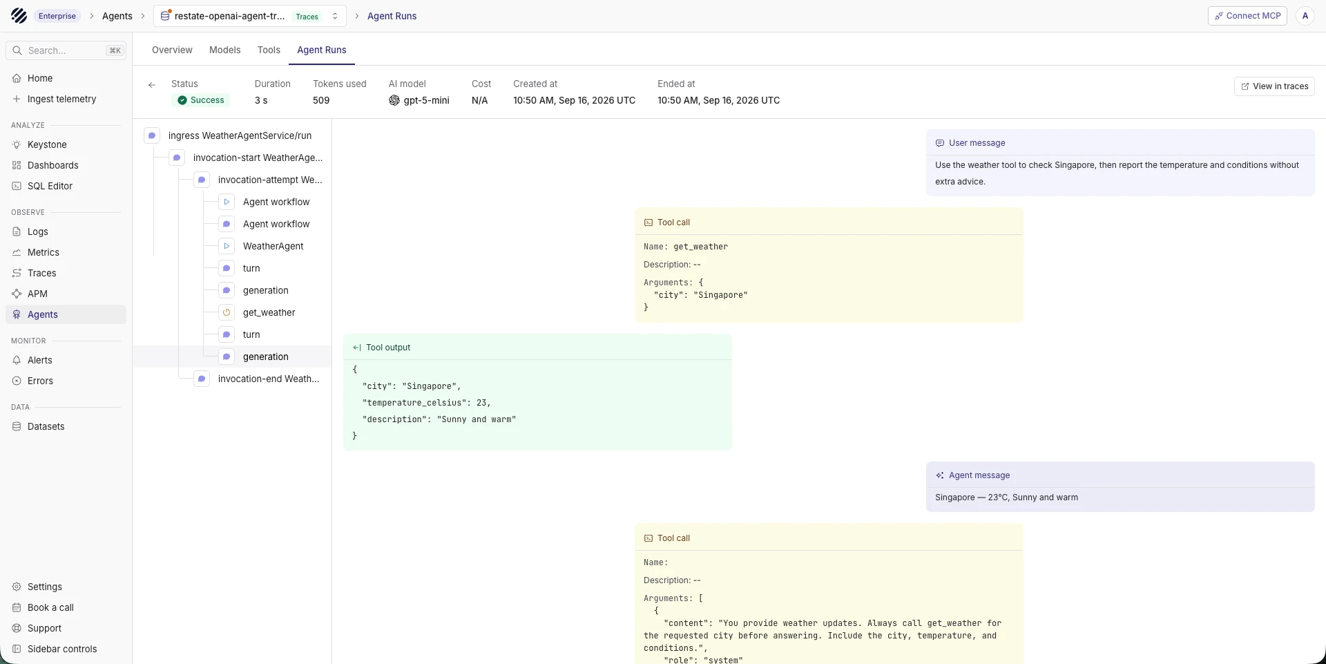 Restate agent run in Parseable with its user message, model, tool call, tool output, and agent response