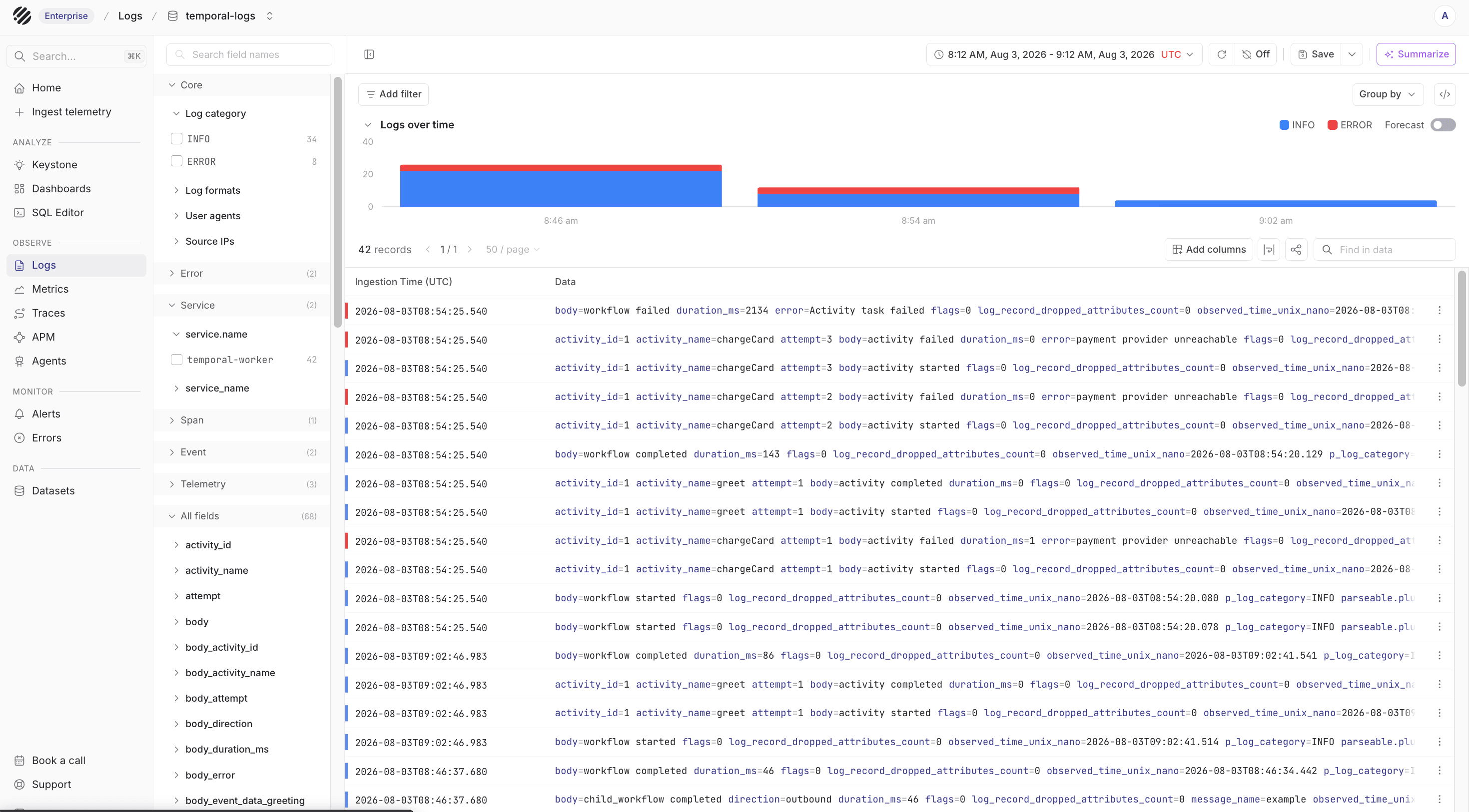 Temporal workflow logs in Parseable